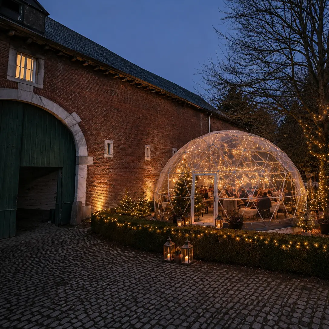 Terroir Winterbar in een verlichte winterbubbel bij Kasteelhoeve Gorsleeuw